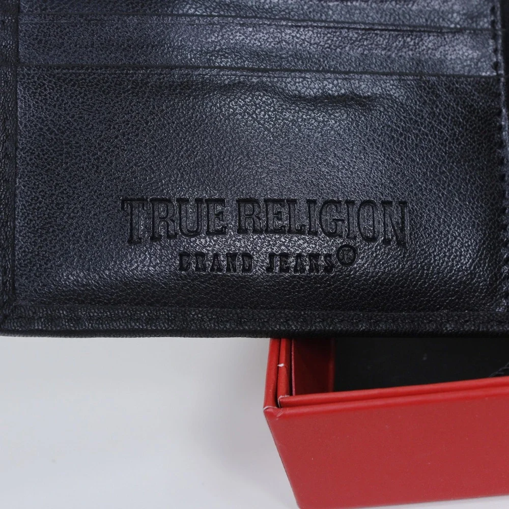 True Religion Men's Black Leather Bifold Wallet Brown Horseshoe Stitch Rfid Nib